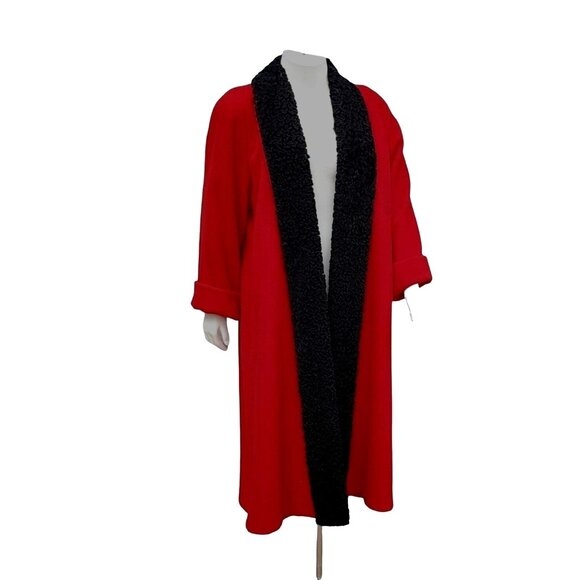 80s Red Wool Long Coat Plus Cattiva Faux Lamb Fur Volup Vintage - Picture 1 of 16